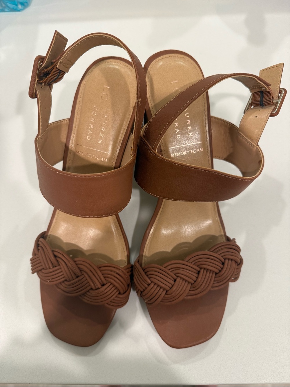 LC Lauren Conrad Tan Braided Strap Block Heel Sandals